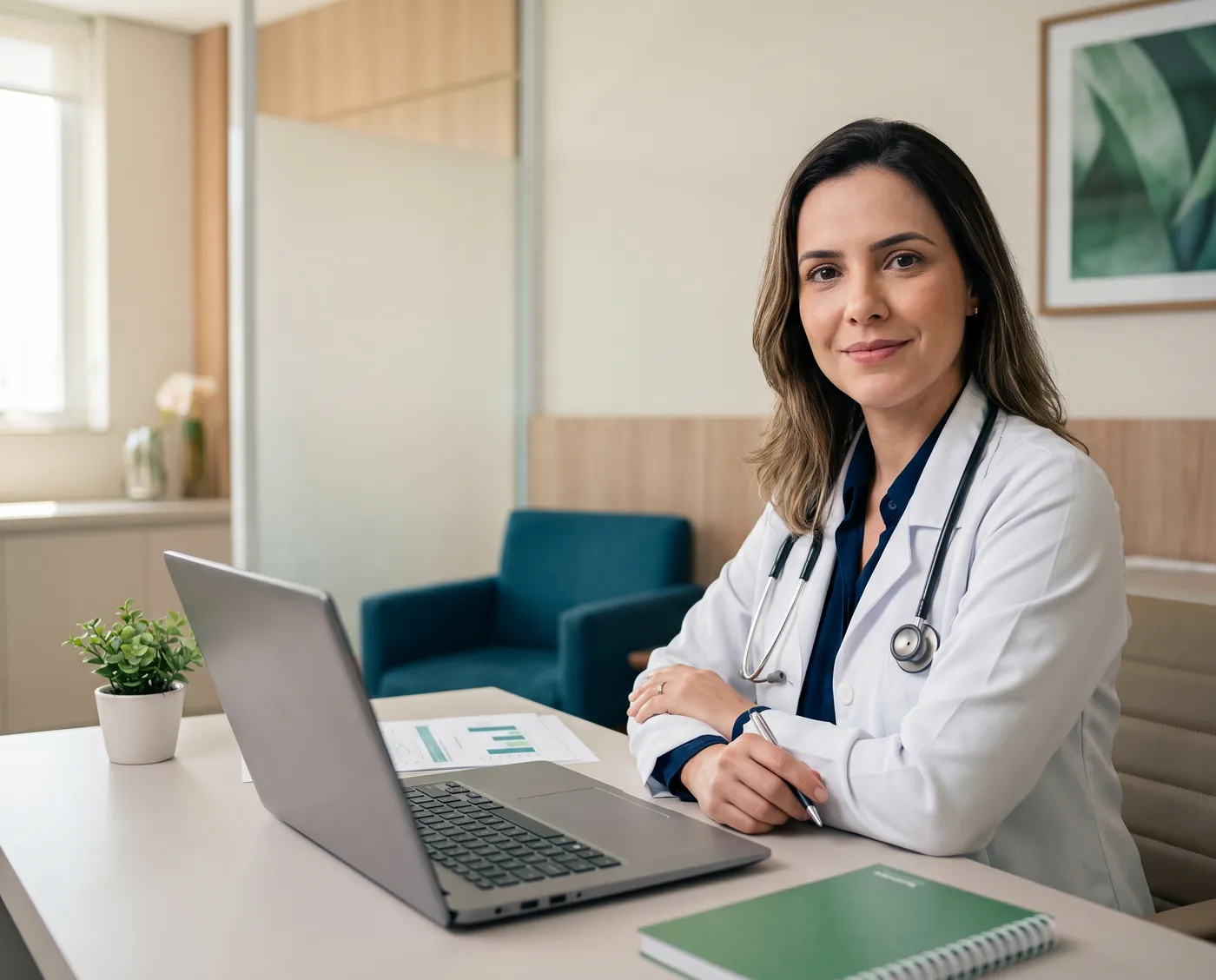 Médica em consultório analisando relatórios financeiros da clínica